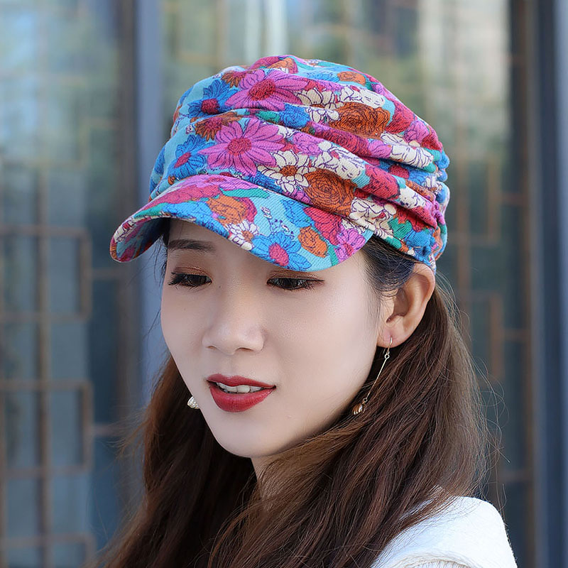 女士秋季帽子韩版时尚民族风碎花平顶帽显气质鸭舌帽柔软透气新款
