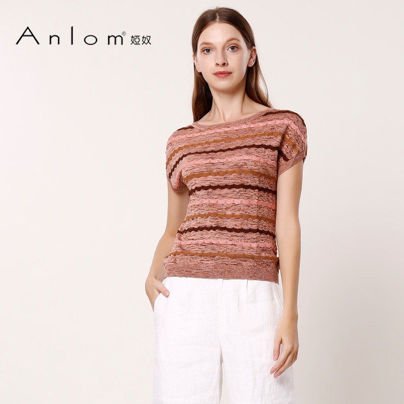 anlom/娅奴夏新款时尚修身休闲短袖条纹桑蚕丝针织衫女套衫