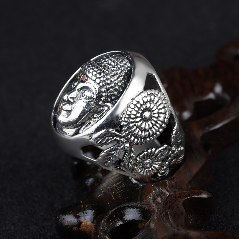 纯银佛陀戒指复古做旧阿弥陀佛护身镶嵌人工男士戒指