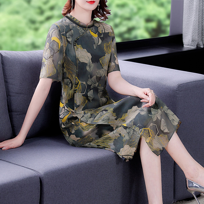 杭州重磅高端大牌奢华真丝桑蚕丝改良版旗袍连衣裙女夏季妈妈裙子