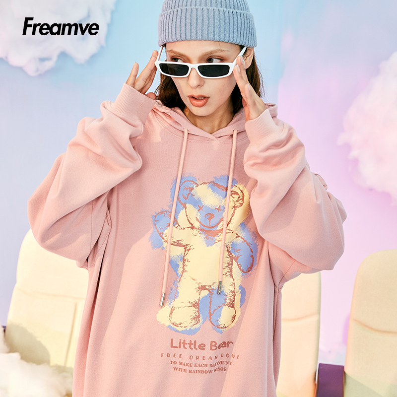 Freamve春装新款韩版百搭内衬印花小熊连帽卫衣男女情侣国潮上衣