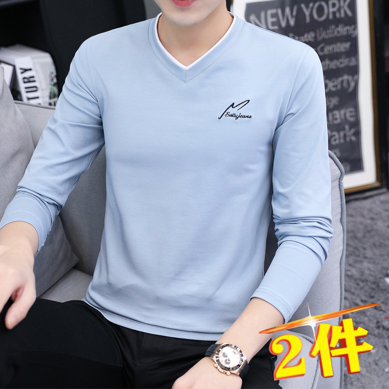 男士秋装上衣2021秋v领t恤长袖修身男装内搭秋季打底衫潮流体恤丅
