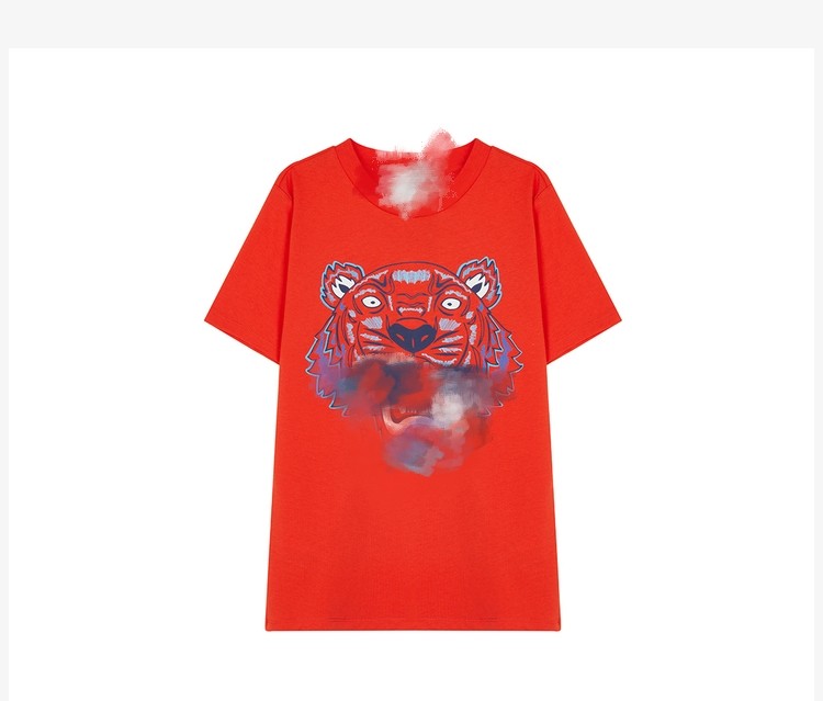 法单橘红色虎头印花高档纯棉圆领春夏薄款男女童t恤