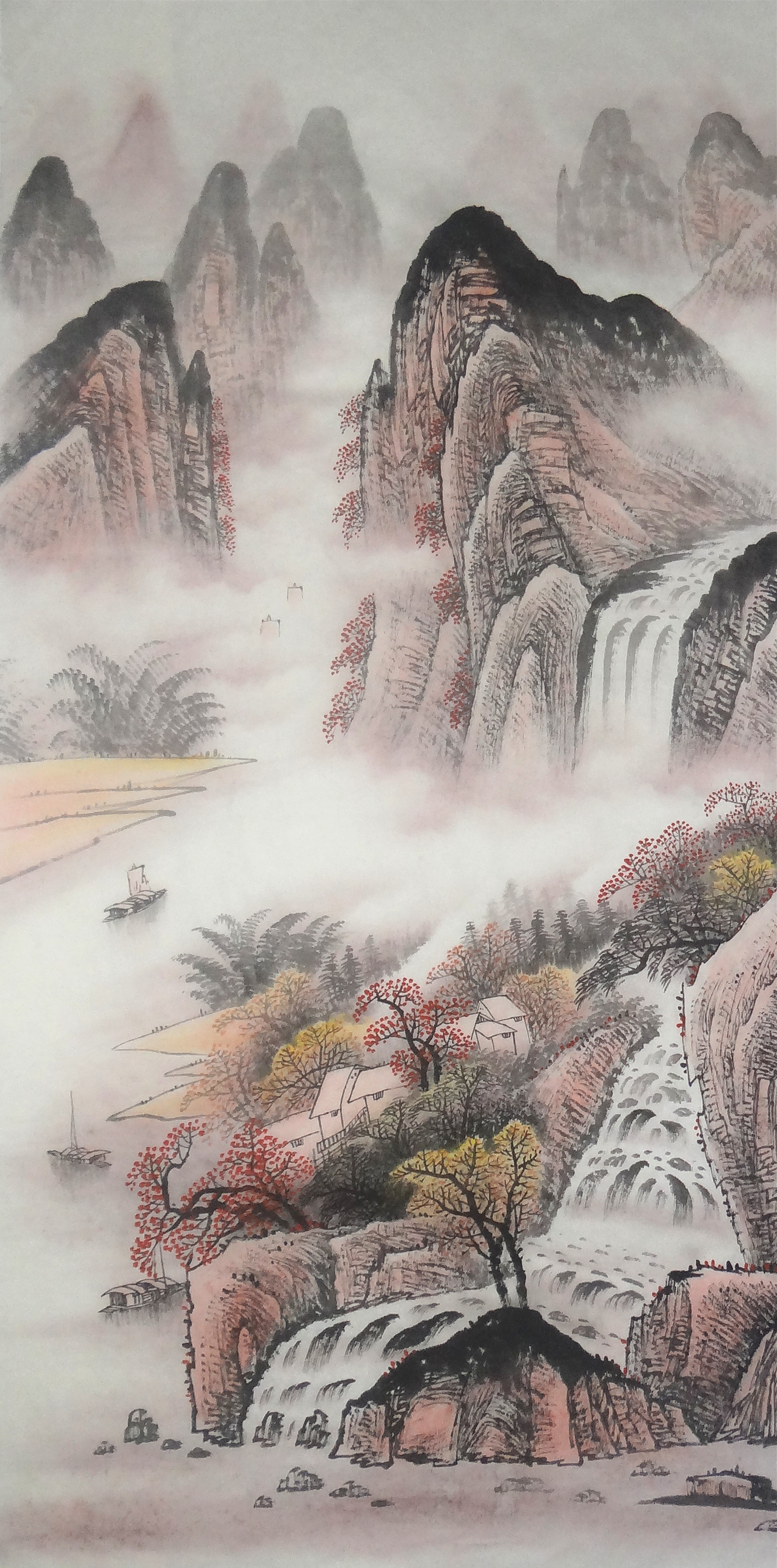 手工国画四尺山水画竖幅源远流长条幅富水长流风水国画