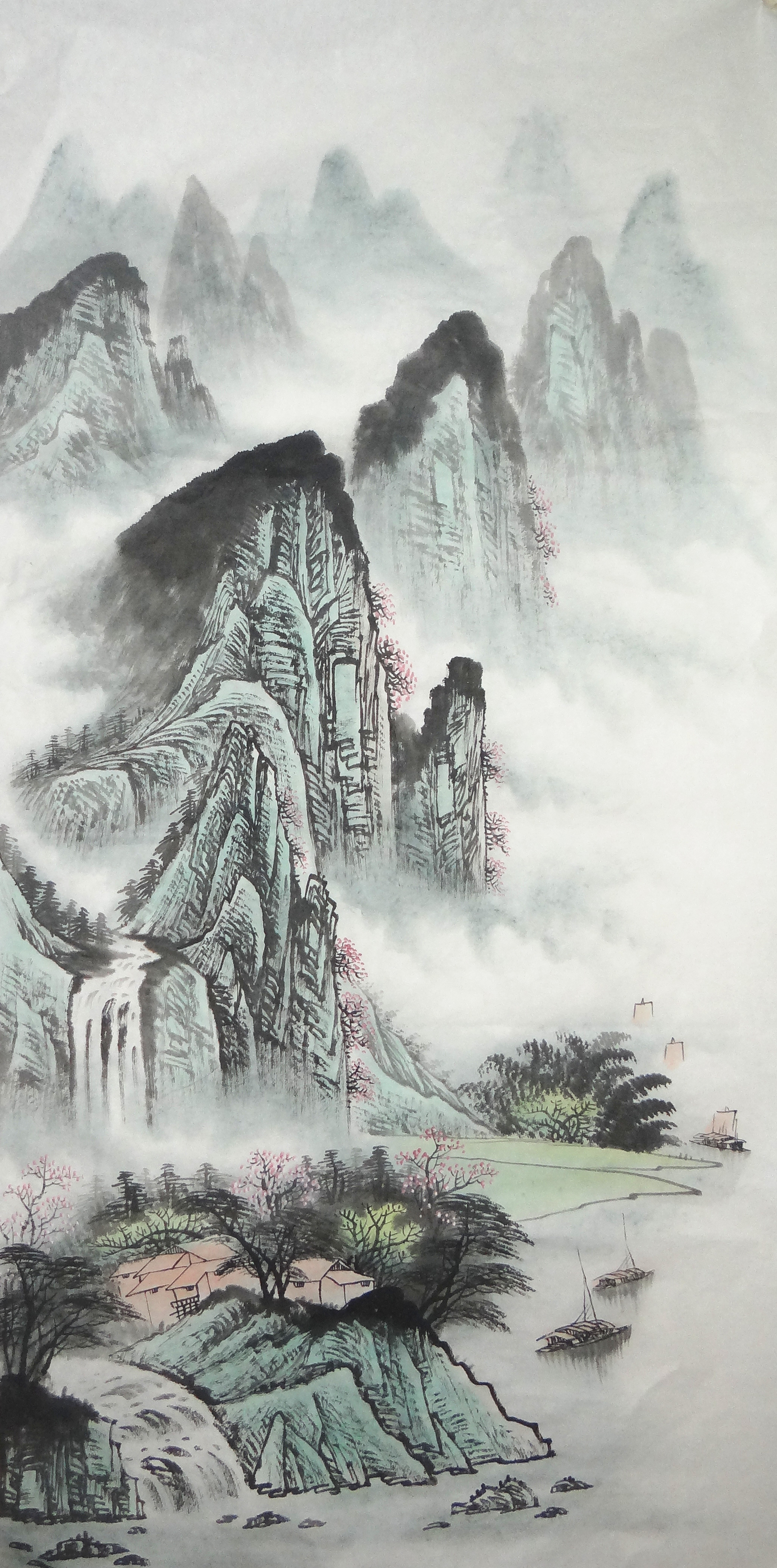 手工国画四尺山水画竖幅源远流长条幅富水长流风水国画