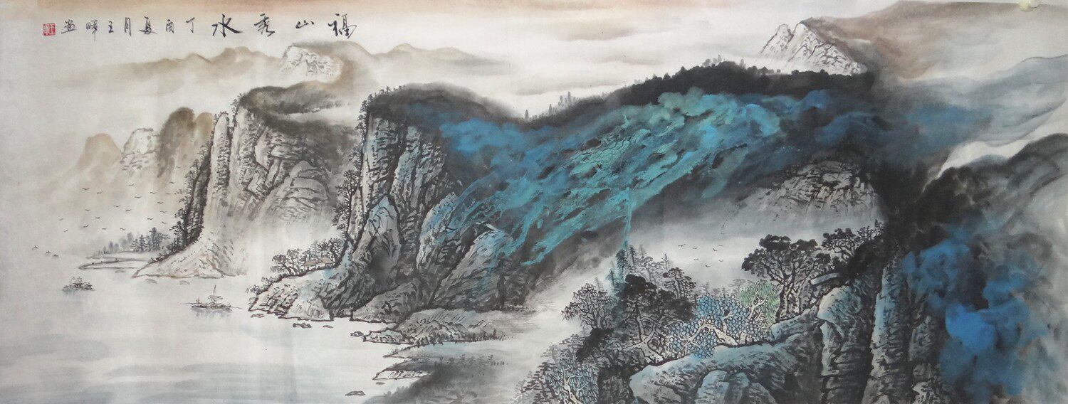 六尺纯手绘彩山水画横幅泼彩泼墨国画风水画芯国画