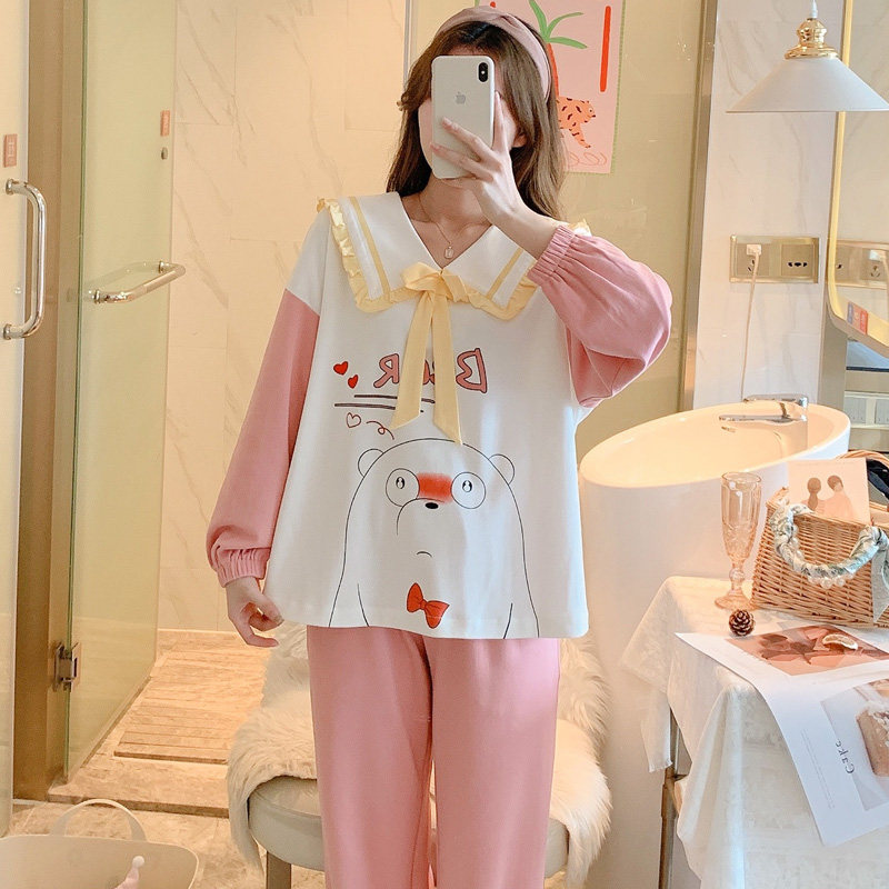 卡通白熊韩版娃娃睡衣女春秋季纯棉长袖套装睡衣