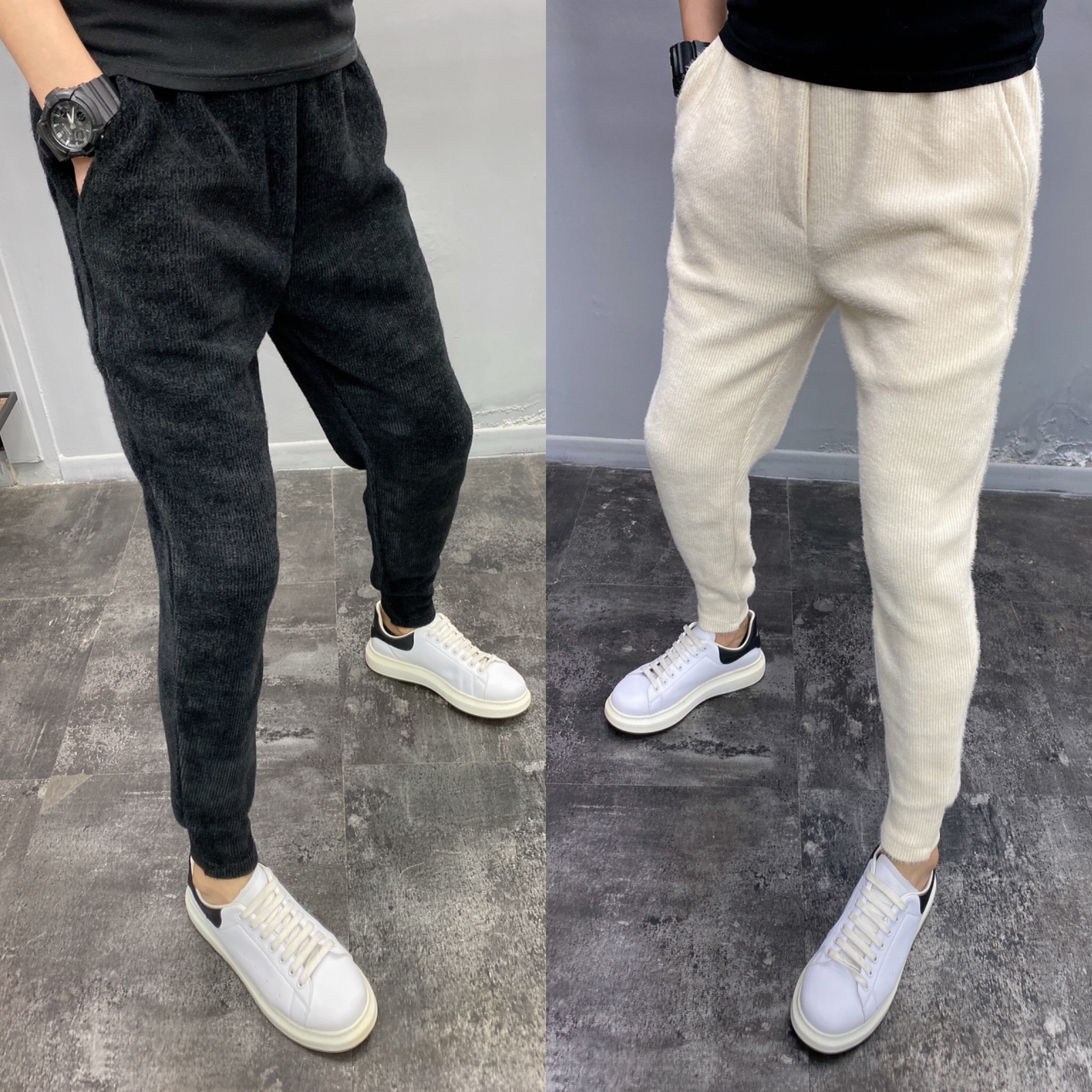 2021冬季加厚休闲裤男韩版修身灯芯绒小脚裤潮流百搭纯色哈伦长裤