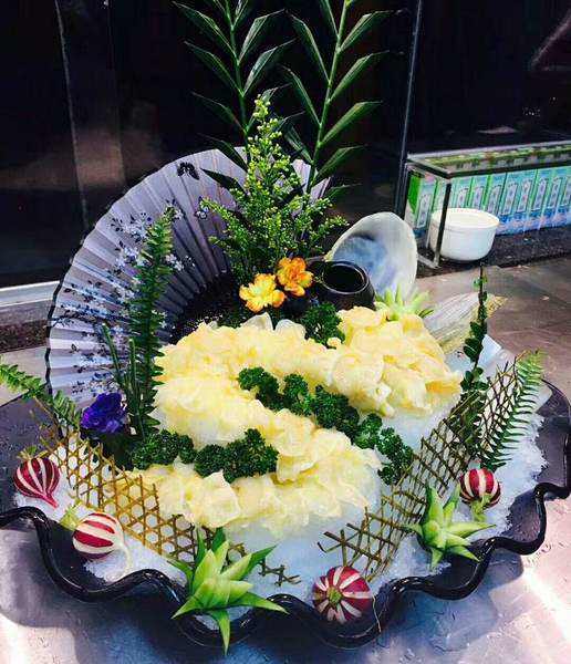 中国风身冰雕摆盘花草竹骨折扇造型三文鱼点缀刺身扇子装饰品防水