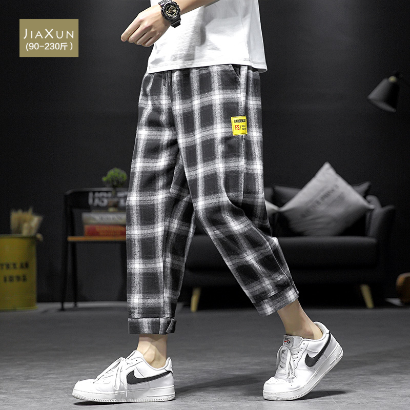 格子裤男士加肥加大码九分夏季薄款宽松直筒运动胖子潮流休闲裤男