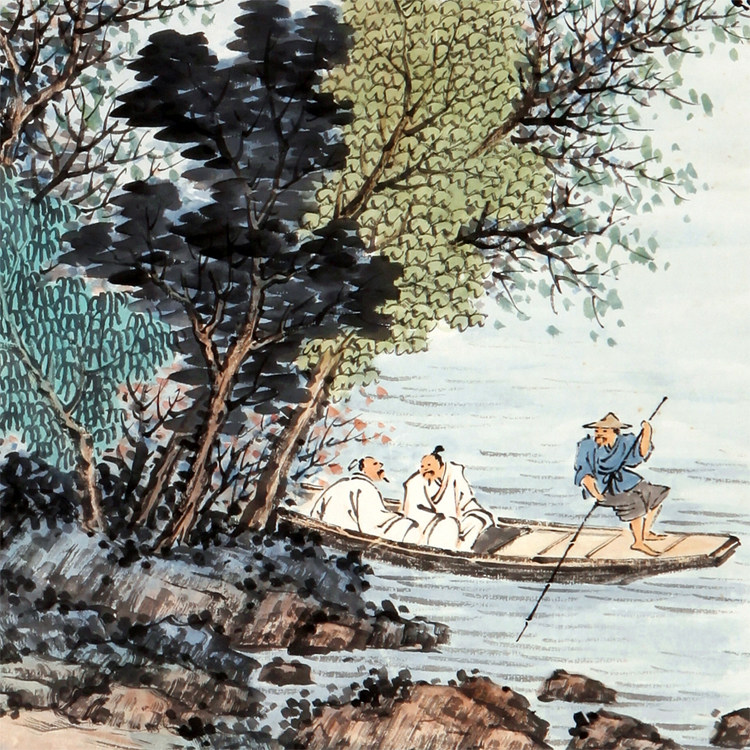 袁松年溪艇寻幽图挂条幅卷轴山水画名画复制品中式国画