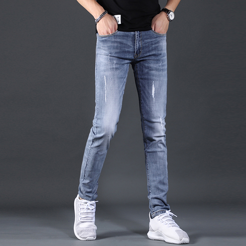 牛仔裤男夏季薄款修身小脚裤浅色冰丝弹力休闲男士牛仔裤2022新款