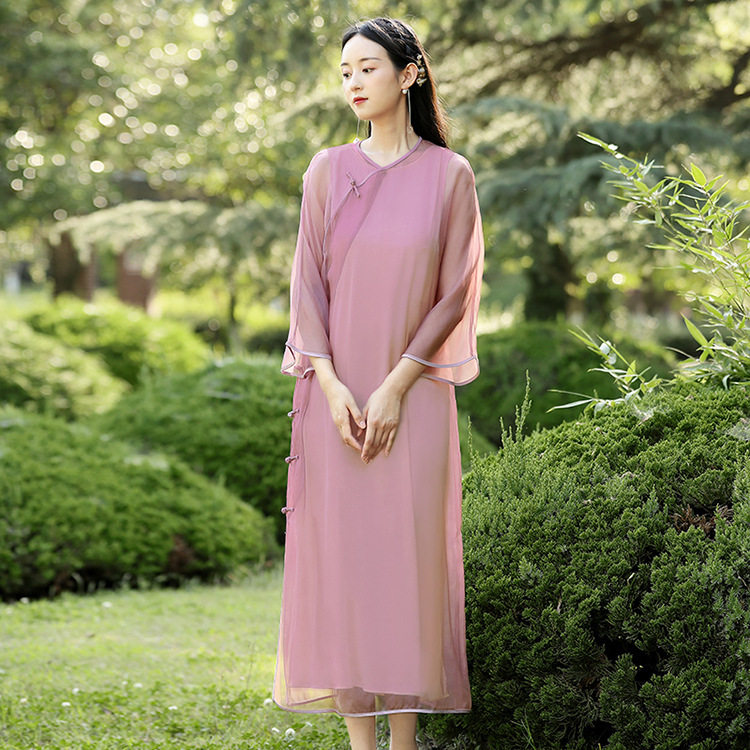 佛系禅意裙冬婵服装女超仙复古连衣裙斜襟盘扣大码年轻款仙气茶服