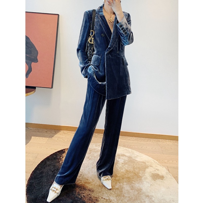 真丝丝绒女中中长西装外套双排扣直筒裤阔腿时尚套装