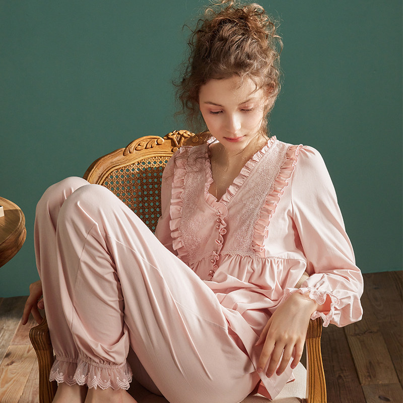 尘熙睡衣春秋纯色棉质长袖长裤套装复古宫廷睡衣