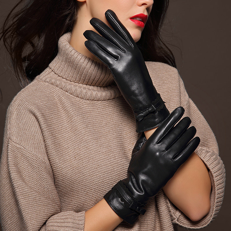 冬季进口真皮皮皮手套女士触屏蝴蝶结修手款加绒手套