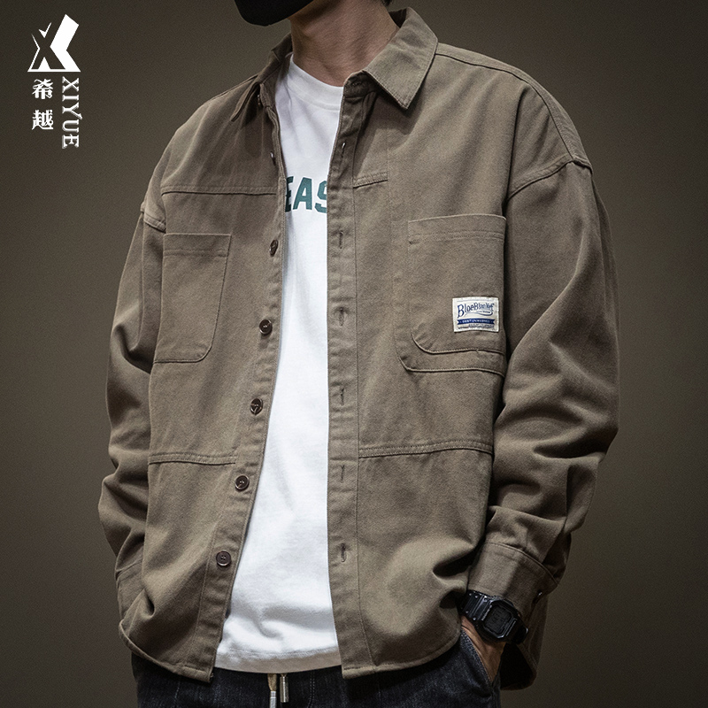 春秋高级感复古工装牛仔衬衫男大码男装长袖衬衣男士潮牌休闲外套