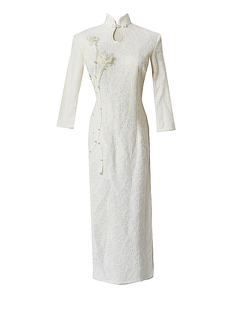 白色旗袍2022年新款冬季改良复古中国风老上海长袖长款蕾丝连衣裙