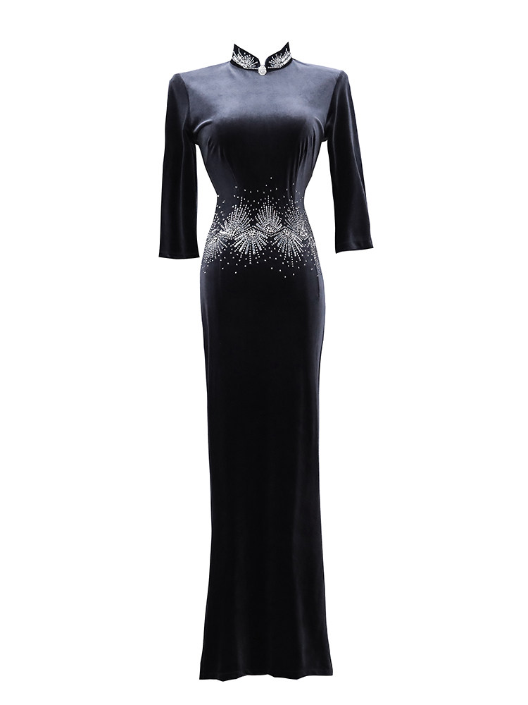 改良丝绒旗袍2020年新款灰色长款显瘦复古中国旗袍