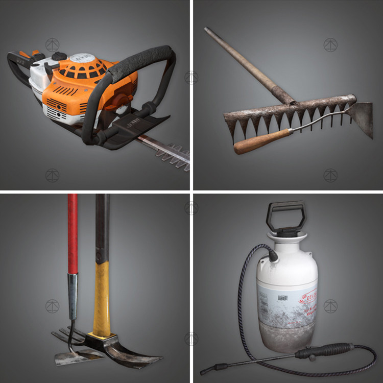 园艺工具电动手推割草机耙子油锯花盆铲子3d设计素材