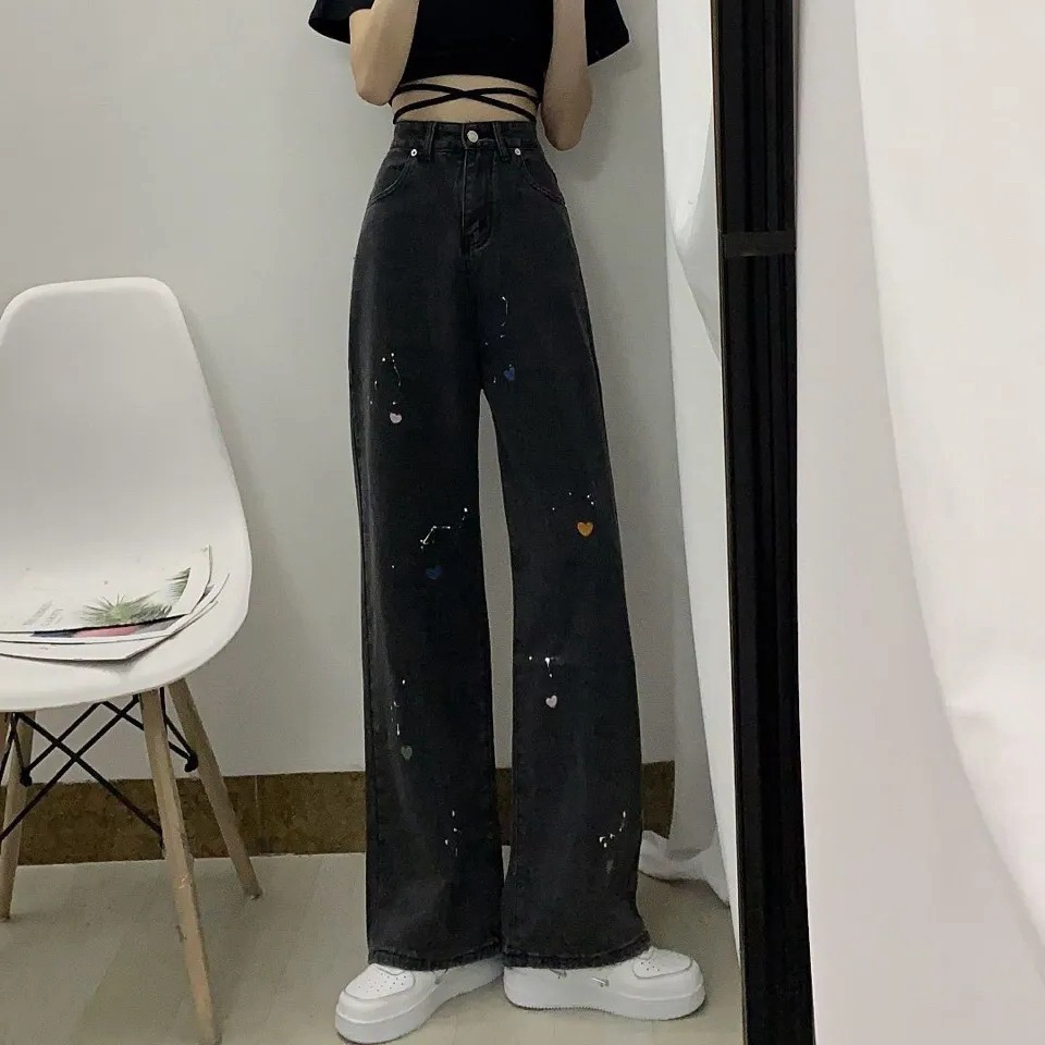 夏季新款泼墨爱心牛仔裤女复古ins高腰宽松直筒裤学生阔腿长裤潮