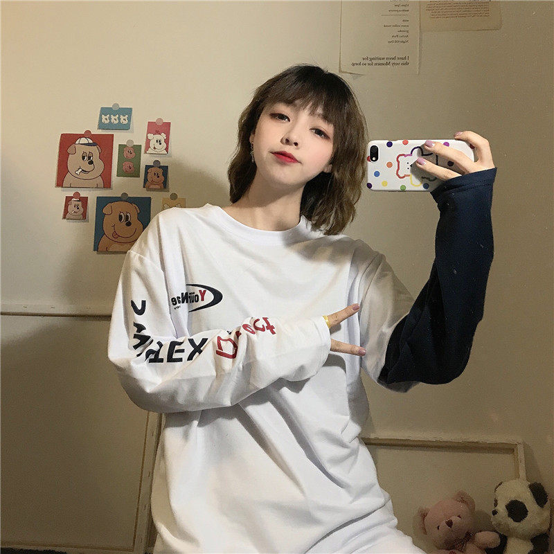 长袖t恤女2019韩版ins潮宽松bf慵懒风学生百搭假两件少女初秋上衣