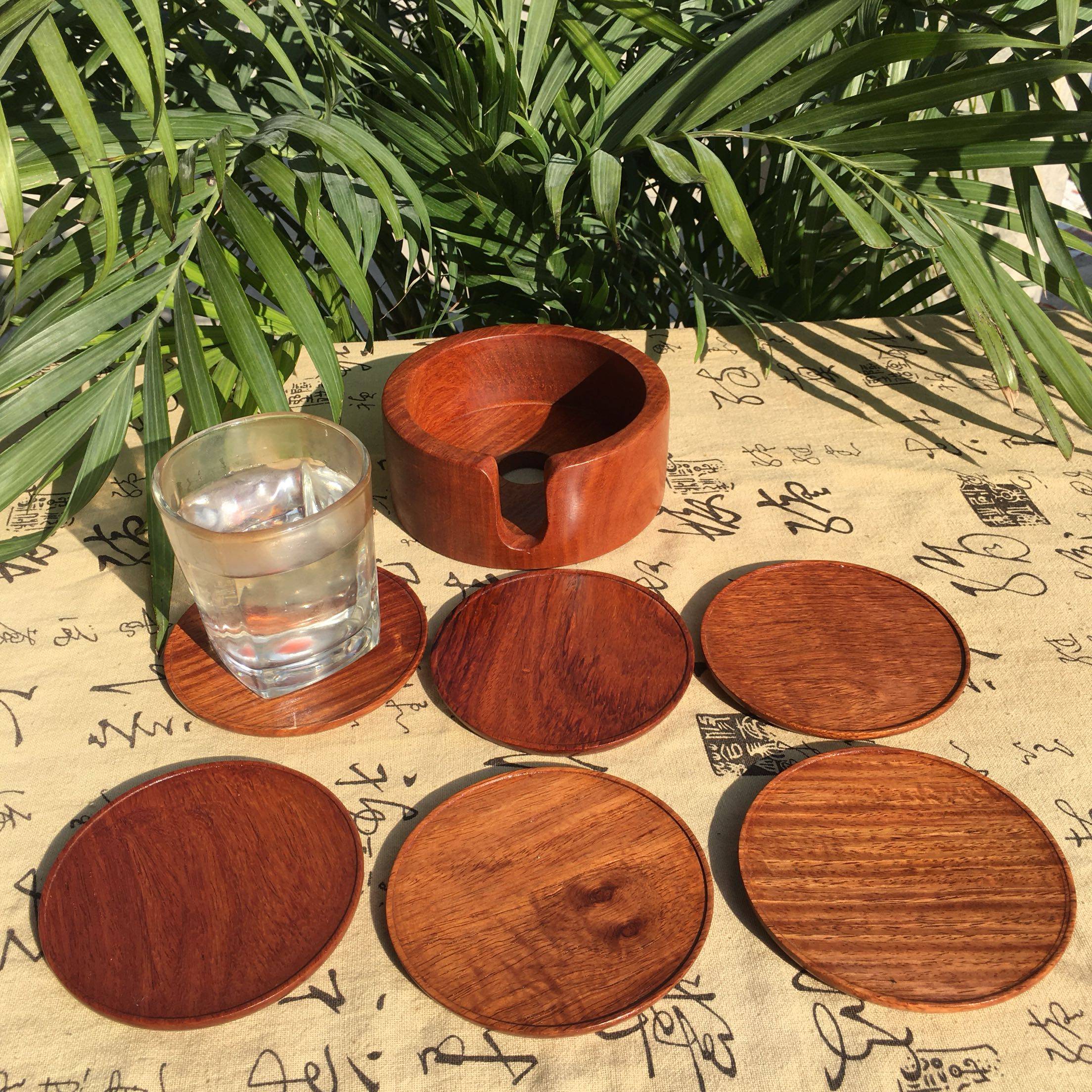 红木实木圆形茶杯杯垫6只装花梨木杯隔热功夫文化创意杯垫