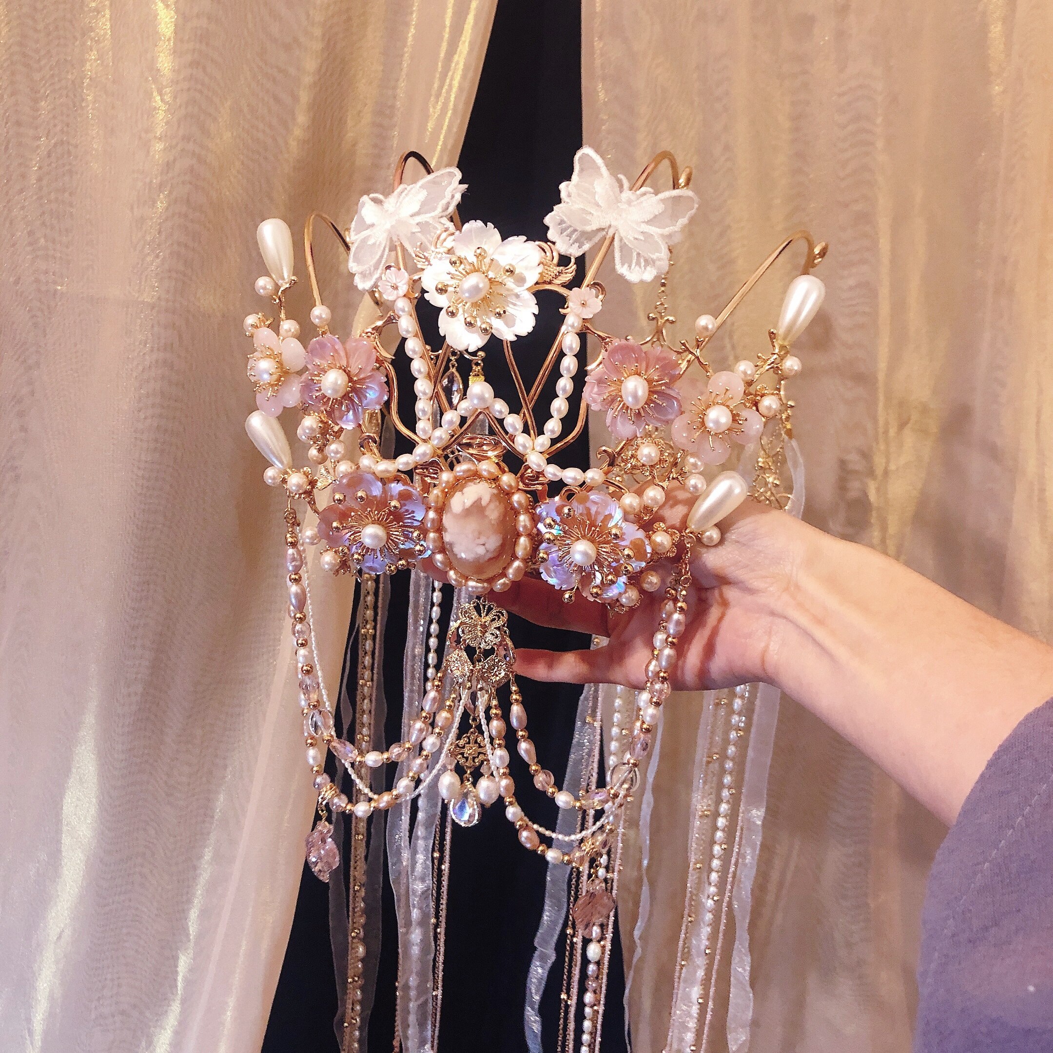 原创明珠珍珠流苏仙女汉服头饰新娘皇冠创华发饰