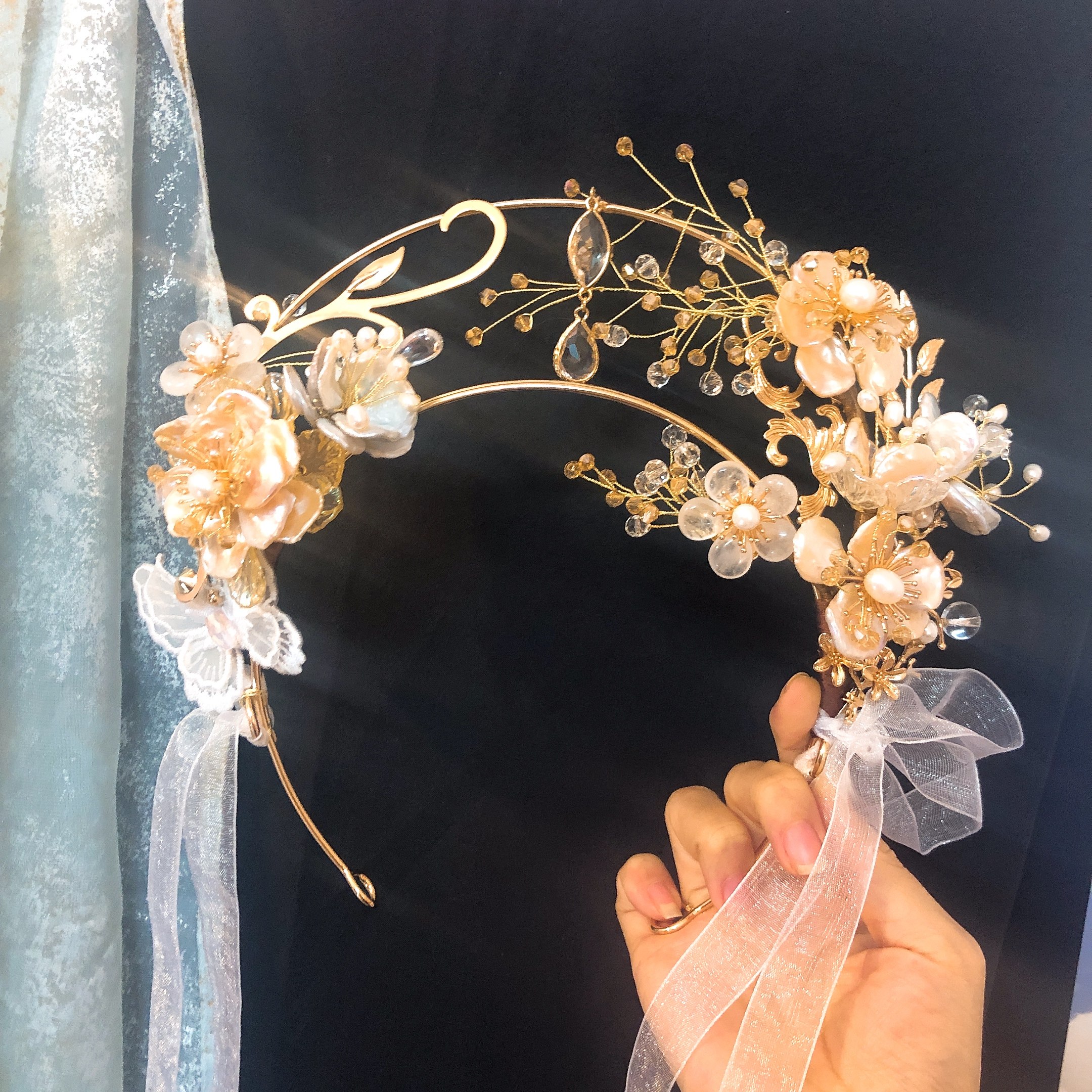 头饰明珠原创珍珠花朵仙女重工华丽发冠汉服发饰