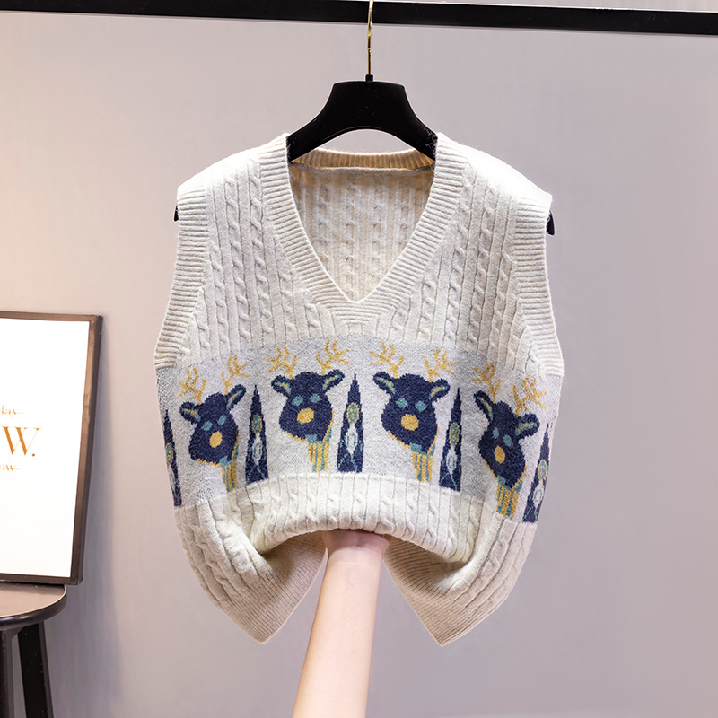 马甲女士秋季宽松外穿2021新款复古针织背心卡通V领内搭毛衣马夹