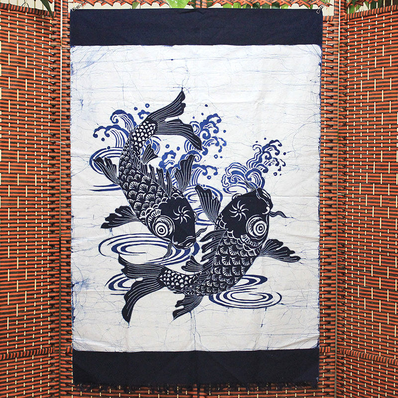 民族风蜡染画门帘双鱼厨房饭店茶馆民宿隔断帘软装饰手工布艺半帘