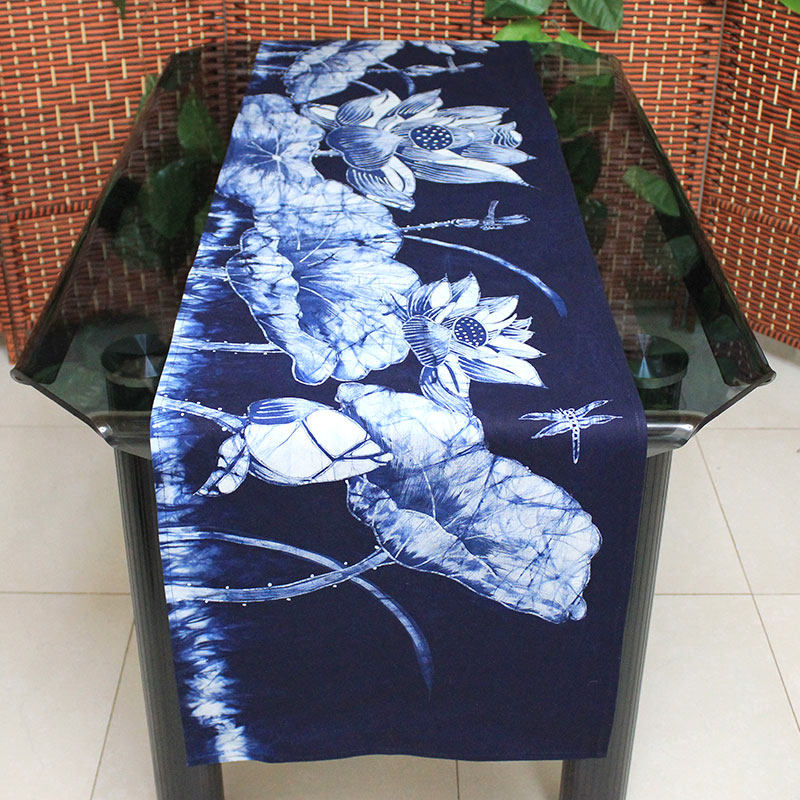 手绘禅意荷花桌旗苗族手工艺蜡染画布布艺长条桌旗