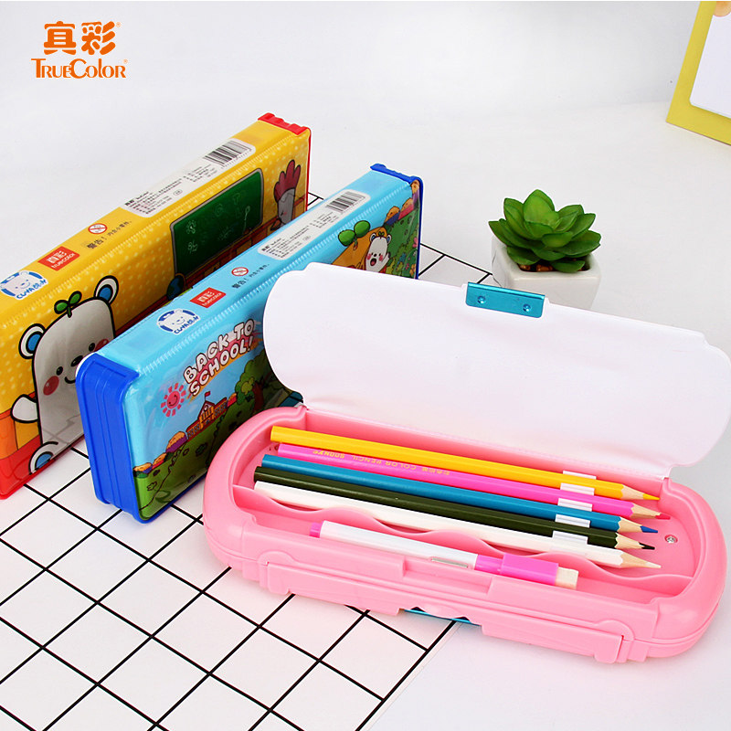 真彩多功能双层塑料文具盒带写字卡通笔袋