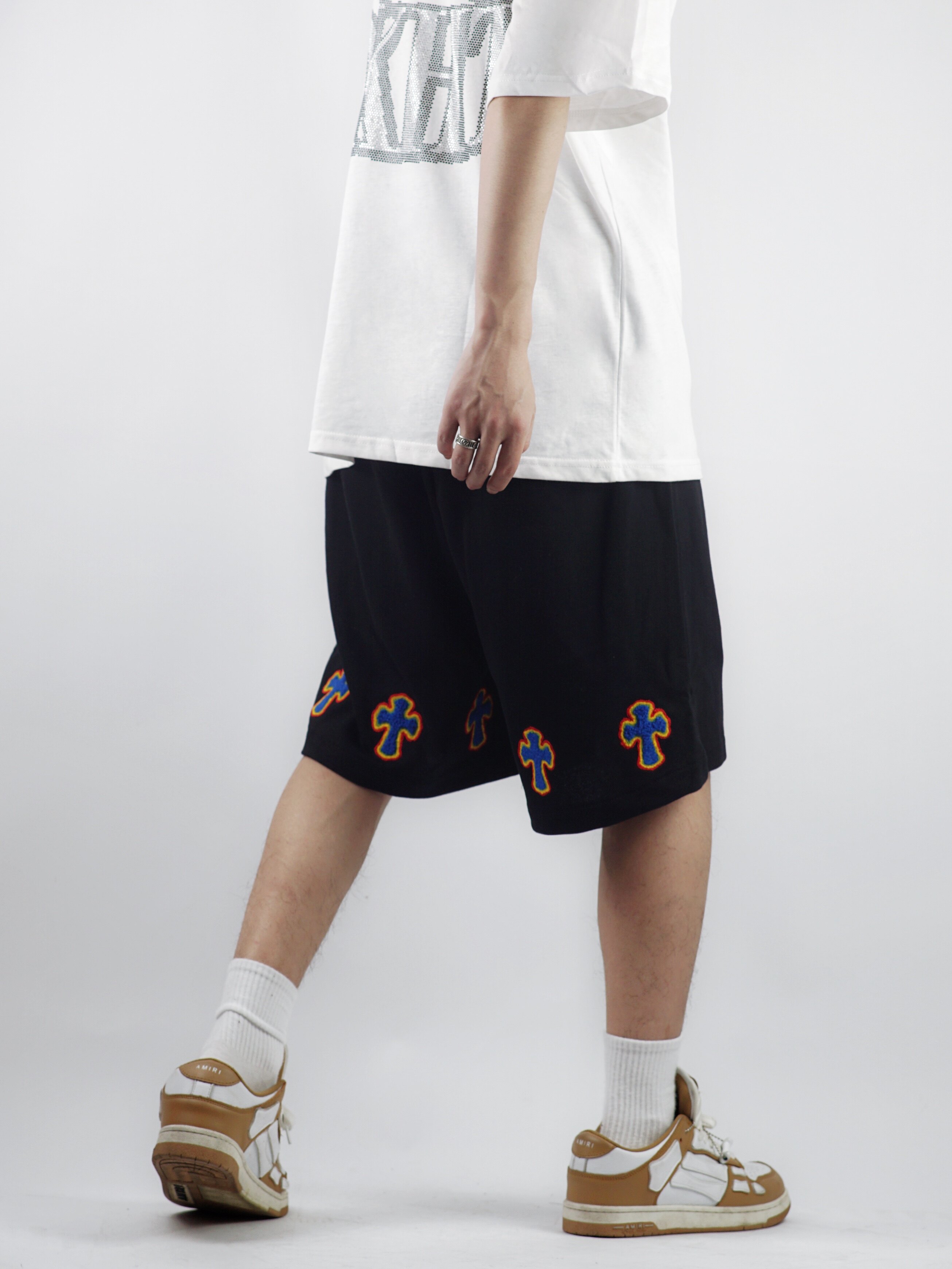 dhss原创国潮街头十字架刺绣五分裤高街嘻哈宽松直筒男潮牌短裤