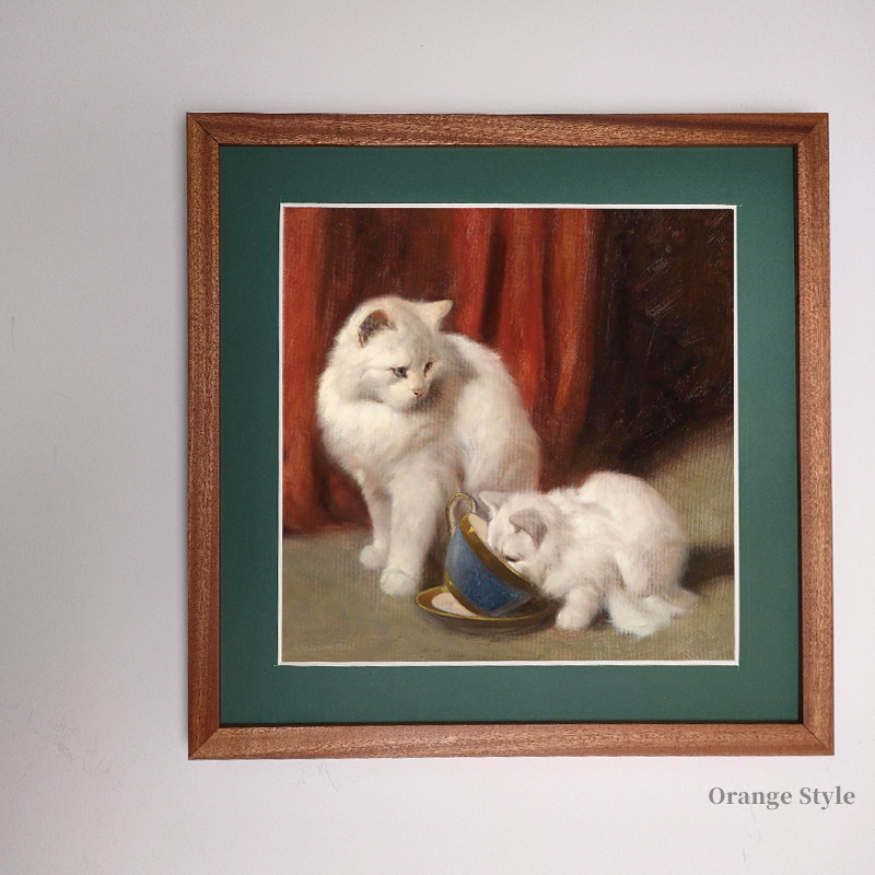 桔子格调英短白猫动物动物油油画复古美式实木油画