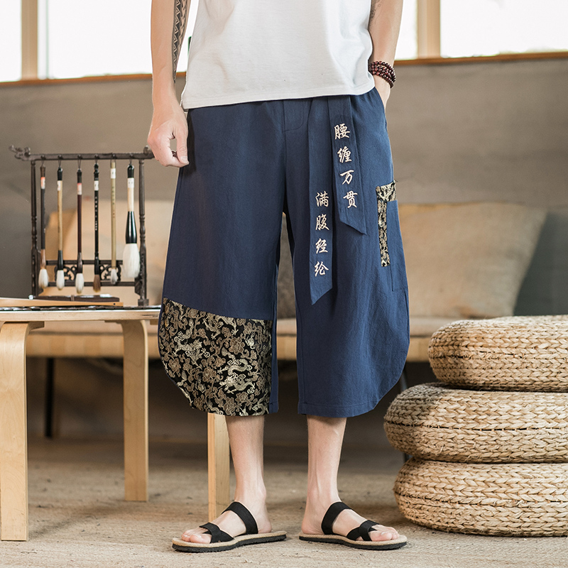 中国风汉元素龙纹拼接刺绣七分裤短裤男民族风改良汉服唐装民族风