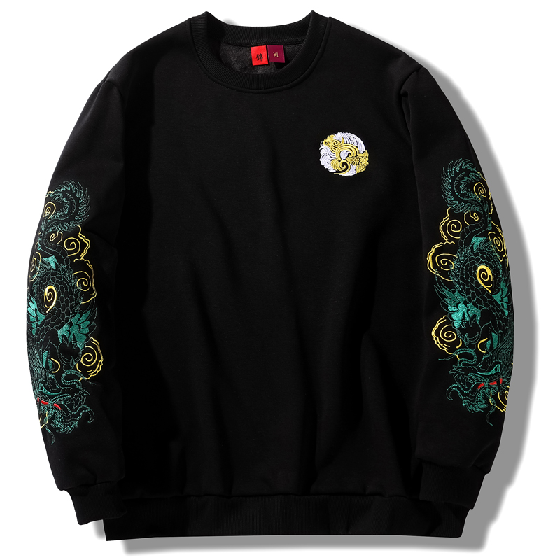 中国风刺绣卫衣男士冬季加绒加厚圆领宽松国潮民族风上衣套头外套