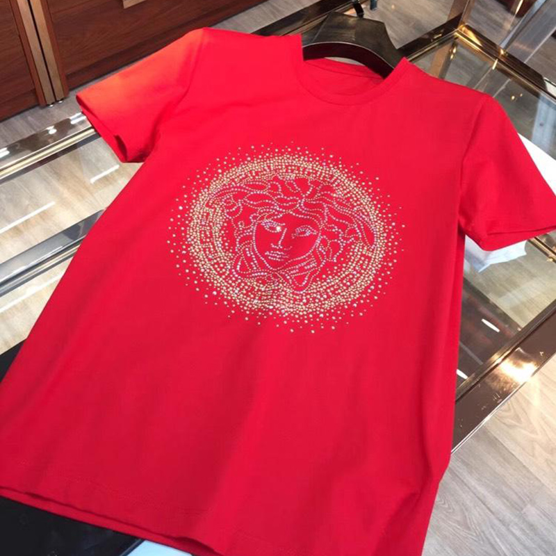 22春夏新款美杜莎短袖T恤男圆领丝光棉美人头烫钻高版本短袖T恤衫