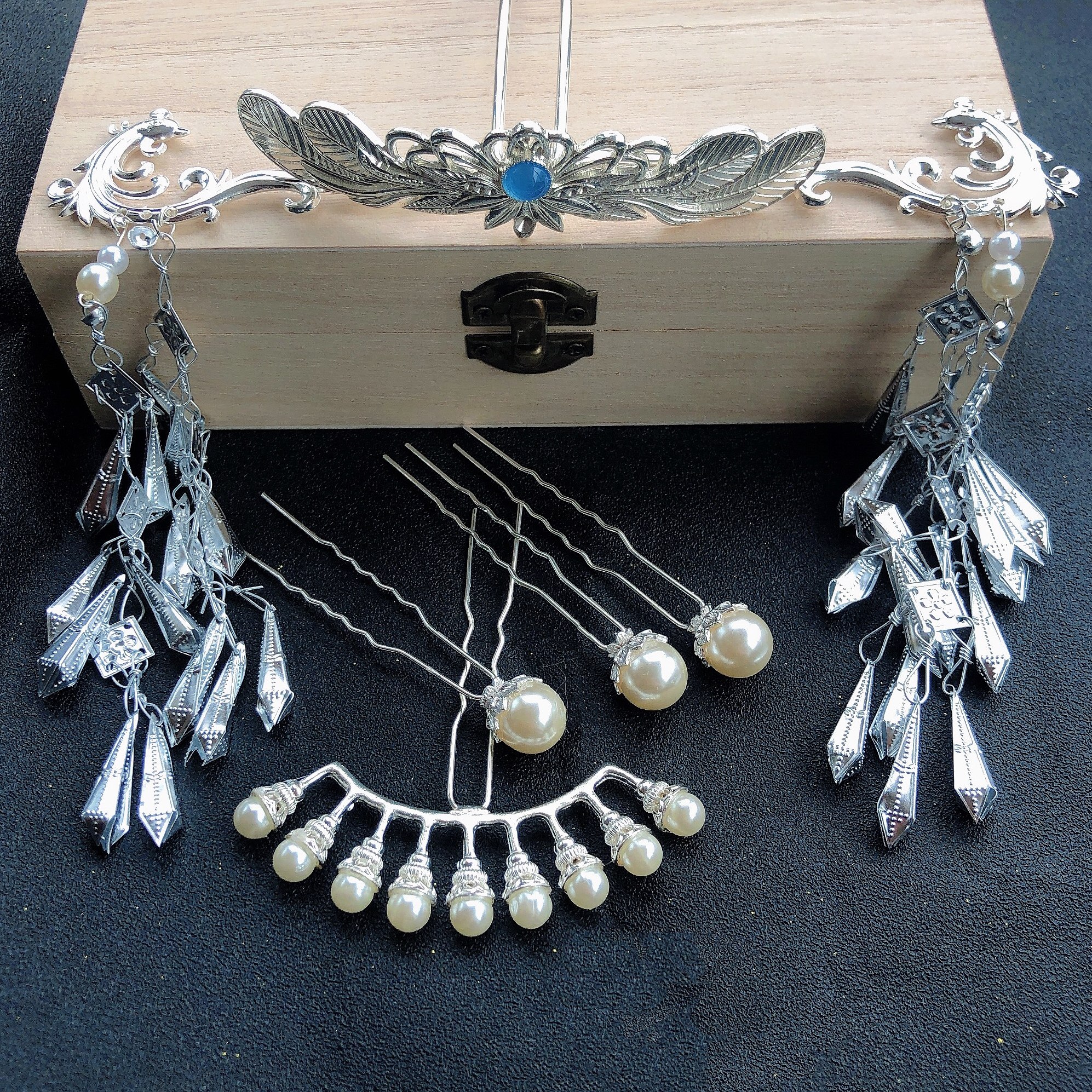 银色秀禾古风步摇古装色系苏发流苏套装汉服摆件