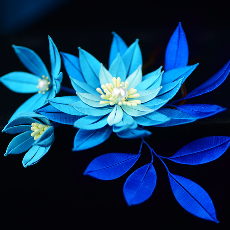 发饰手工新品汉服春仔花缠花发diy套件蓝汐苏绣