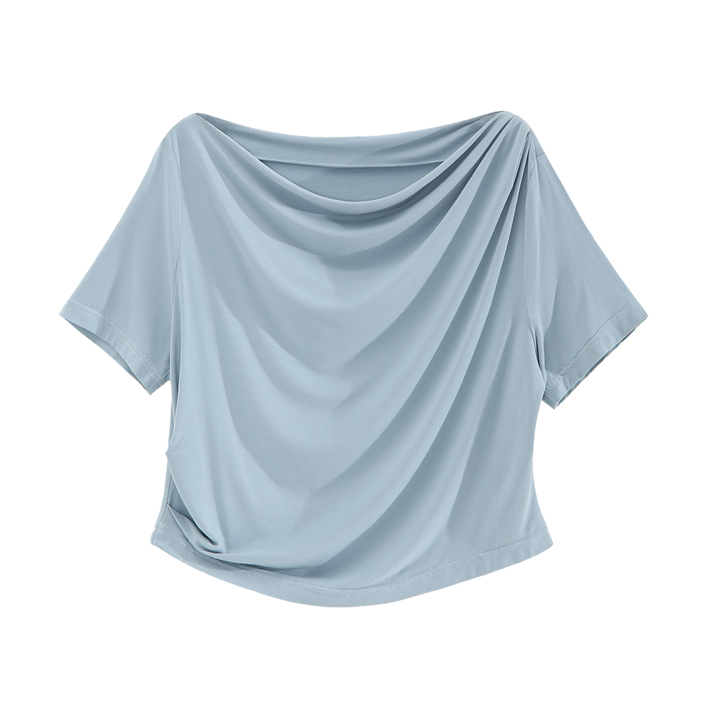 邱肉瑶sixone六一2020新款设计感褶皱露肩上衣纯色宽松短袖t恤女