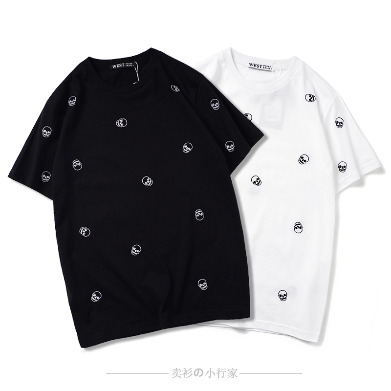 2021新款欧美潮牌全身小骷髅头刺绣花短袖纯棉t恤男女情侣半袖tee