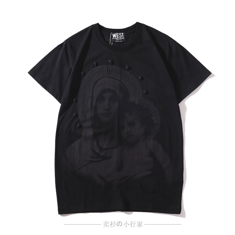 2021春夏装新款欧美潮牌柳丁五角星圣母半袖男女情侣纯棉短袖T恤