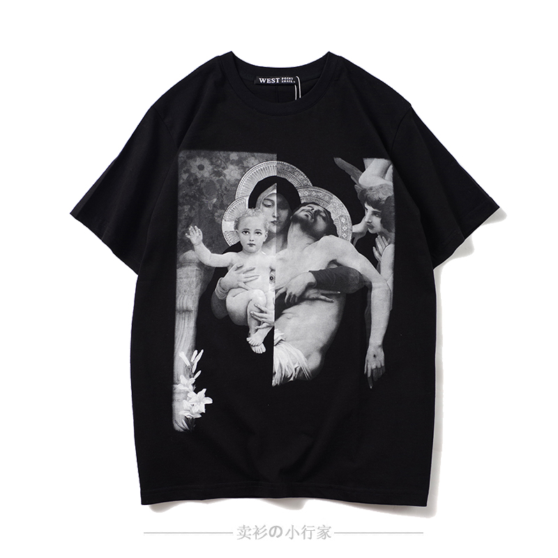 夏装新款欧美潮牌圣母婴儿暗黑复古印花短袖t恤潮男女情侣宽松tee