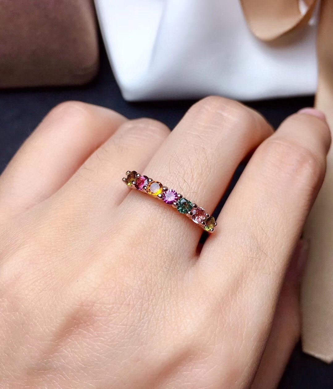 天然糖果色碧玺排戒戒指s925个性时尚简约指环韩版戒指