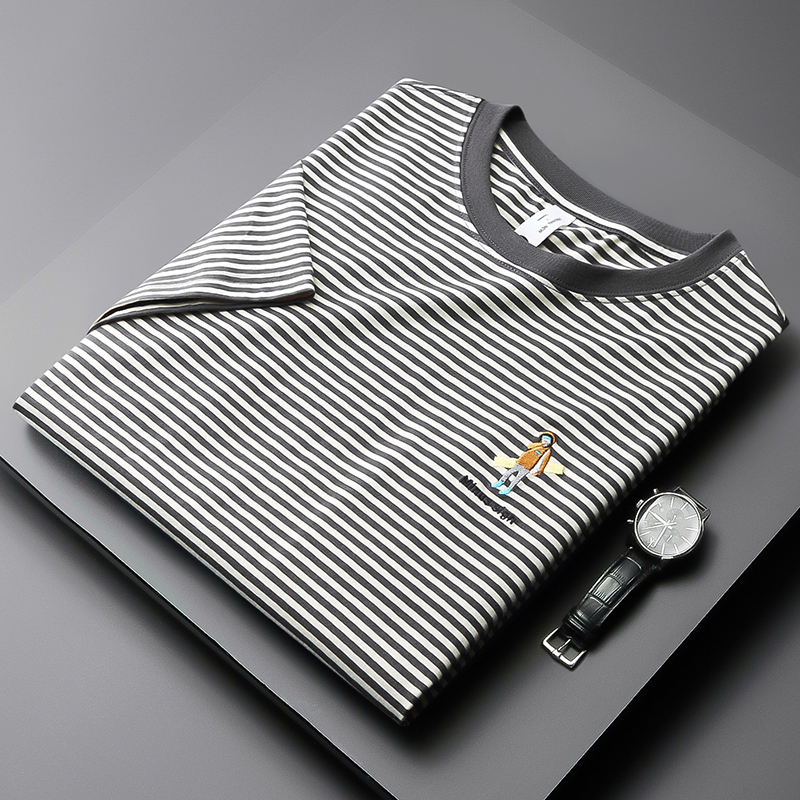 夏季2021冰丝条纹短袖T恤男青年休闲高级刺绣上衣修身圆领海魂衫