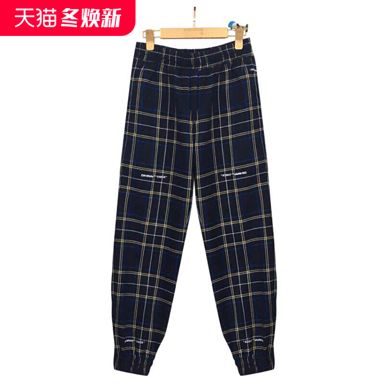 潮牌Off White春季新品裤子OW长裤休闲‎格子裤男女百搭深蓝色ins