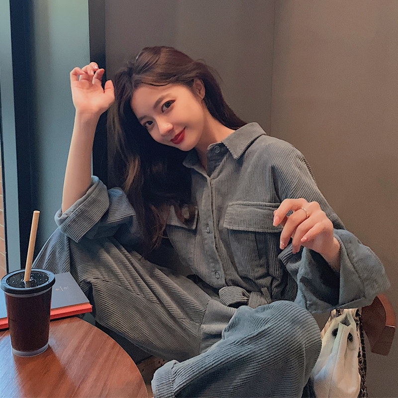 灯芯绒连体裤女2021春秋新款宽松直筒高腰工装裤小个子连衣裤套装