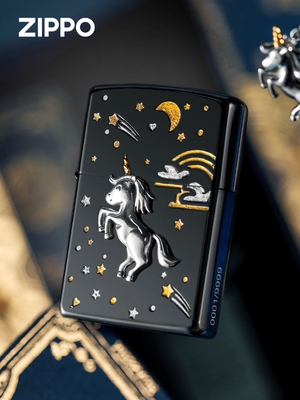 zippo正版收藏限量版镀打火机镀金纯银独角兽贴章zippo