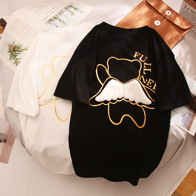 LAFLOF/劳夫洛夫2021夏新品潮情侣装短袖烫金小熊翅膀宽松男女t恤